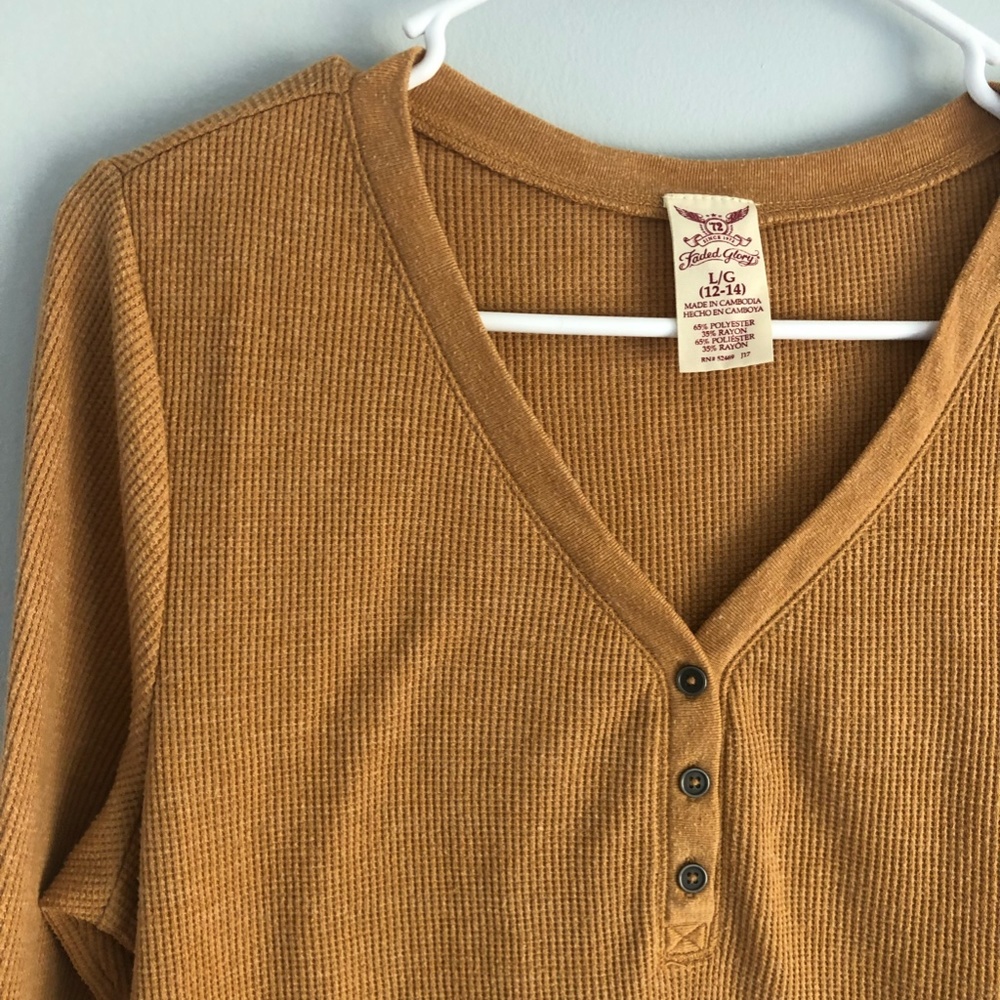Faded Glory gold henley long sleeve waffle shirt